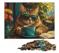 Cool Cat with Coffee Oil Painting Puzzle en Bois 500 pièces, Loisir Adulte | Le tri par couleurs et formes - une méthode de montage claire pendant une soirée calme.