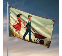 Cool Decor For Guys Room A Man Pushing A Wheelbrouette With A Woman Walking Side Him.Flag Happy Camper Gifts Drapeaux de chambre pour filles (152 x 244 cm)