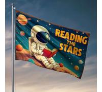 Cool Decor For Guys Room Astronaute Reading Book On Alien Planet. Drapeau pour décoration de chambre d'homme, support de drapeau de jardin (60 x 90 cm)
