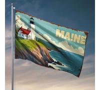 Cool Decor For Guys Room Poster vintage Maine Coastal avec phare. Drapeau Happy Camper Cadeaux de chambre pour filles (60 x 90 cm)