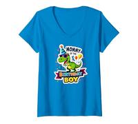 Cool Dino Party pour Maman du garçon Qui fête Son Anniversaire T-Shirt avec Col en V, Femme, Saphir, XXL