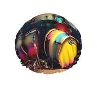 Cool Drums Ensemble de grands bonnets de douche imprimés, bonnet de cheveux avec bande élastique, double couche imperméable pour le bain, pour homme et femme