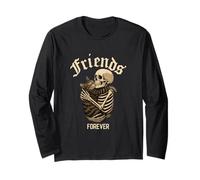Cool Friends Forever Skelton Hugs a Cat Illustration Graphic Manche Longue