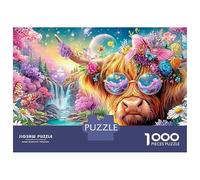 Cool Highland Cow avec Lunettes de Soleil and Flowers Puzzle De 1000 Pièces Mignonne Vache Highland Cadeau Parfait pour Garçons, Filles, Hommes Et Femmes 38x26cm/1000pcs