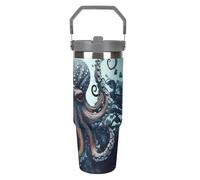 Cool Octopus - Gobelet de 887 ml avec paille, tasse de voyage isotherme en acier inoxydable avec poignée, tasse à café sous vide à double paroi, couvercle anti-fuite, garde les boissons chaudes