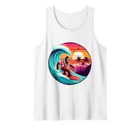 Cool Sasquatch sur Planche de Surf avec Coucher de Soleil Tropical et Vagues Débardeur