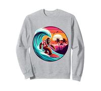 Cool Sasquatch sur Planche de Surf avec Coucher de Soleil Tropical et Vagues Sweatshirt