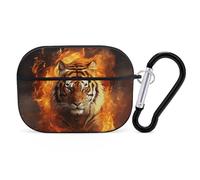 Cool Tiger in Flame Coque rigide de protection complète contre les chutes avec porte-clés compatible avec AirPod Pro 2e/1ère génération, LED avant visible, noir