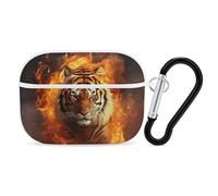Cool Tiger in Flame Coque rigide de protection complète contre les chutes avec porte-clés compatible avec AirPod Pro 2e/1ère génération, LED avant visible, blanc