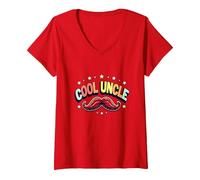 Cool Uncle Club Retro Moustache Stars Family Pride T-Shirt avec Col en V, Femme, Rouge, XL