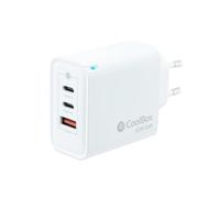 CoolBox Chargeur 2x USB C + USB A 65W avec Technologie GAN, QuickCharge 3.0 + PowerDelivery, Compatible avec iPhone/iPad/Galaxy/Xiaomi, Format Ultra Compact, Blanc