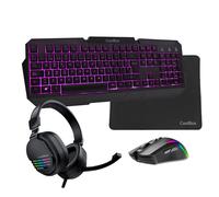 DeepGaming X-Wing Lot de 2 jeux 4 en 1 Clavier à membrane QWERTY avec Ñ rétroéclairé, souris optique RGB 7200 DPI, écouteurs avec microphone, tapis antidérapant, set up gaming multiplateforme