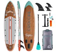 COOLCAA Série Dauphin - Planche de stand-up paddle gonflable avec pagaie en fibre de carbone finition bois - 356 cm