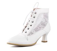 COOLCEPT Femmes Vintage Victorian Bottes Lace Bridal Mariage Cheville Bottes Bout Fermé Mesh Talon de Chaton Bottillons White Taille 37