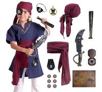 CoolChange Costume de pirate pour enfant avec foulard, écharpe de pirate, cache-œil, sabre, jumelles, boussole et carte au trésor, noir, rouge, bordeaux, rouge bordeaux, taille unique