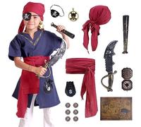 CoolChange Costume de pirate pour enfant avec foulard, écharpe de pirate, cache-œil, sabre, jumelles, boussole et carte au trésor, noir, rouge, bordeaux, rouge, taille unique