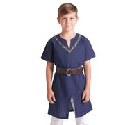 CoolChange Tunique enfant pour costume de viking ou de pirate | Chemise enfant avec col ornemental | Manches courtes | Avec ceinture | Bleu | Taille : 128-152, bleu, 140 grande taille