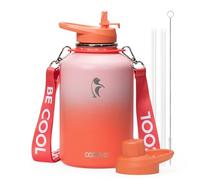 Coolflask Bouteille d'eau de 1,9 l avec paille, grande carafe à eau isotherme avec paille et couvercles à bec verseur, gourde en acier inoxydable à double paroi, garde au froid 48 h et au chaud, 24 h