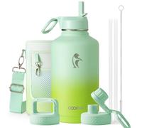 Coolflask Bouteille d'eau isotherme avec paille et 3 couvercles, grande carafe à eau en acier inoxydable de 1,9 l pour le sport, la salle de sport ou le bureau, sans BPA, garde au froid 48 h et au