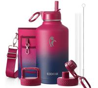 Coolflask Bouteille d'eau isotherme avec paille et 3 couvercles, grande carafe à eau métallique en acier inoxydable de 1,9 l à large ouverture pour le sport, la salle de sport ou le bureau, sans BPA