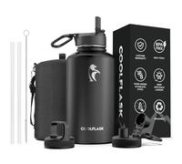 Coolflask Bouteille d'eau isotherme avec paille et 3 couvercles, grande carafe d'eau en acier inoxydable de 1,9 l avec grande ouverture pour le sport, la salle de sport ou le bureau, sans BPA, garde