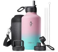 Coolflask Bouteille d'eau isotherme de 1,8 l avec paille et 3 couvercles, grande carafe à eau en acier inoxydable de 1,8 l à large ouverture, sans BPA, garde au froid 48 h et au chaud 24 h, princesse
