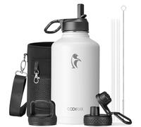 Coolflask Bouteille d'eau isotherme de 1,8 l avec paille et 3 couvercles, grande carafe à eau en acier inoxydable de 1,8 l pour le sport, la salle de sport ou le bureau, sans BPA, garde au froid 48 h