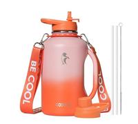 Coolflask Bouteille d'eau isotherme de 1,8 l avec poignée et paille en acier inoxydable à double paroi sous vide avec sangle, sans BPA, étanche, garde au froid 48 heures, orange clair