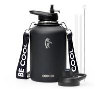Coolflask Bouteille d'eau isotherme de 1,8 l avec sangle, grande carafe d'eau de 1,8 l avec paille et couvercles à bec verseur, gourde en acier inoxydable à double paroi, garde au froid 48 h et au