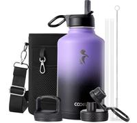 Coolflask Bouteille d'eau isotherme de 1,89 l avec paille et 3 couvercles, grande carafe à eau de 1,89 l en métal acier inoxydable à large ouverture pour le sport, la salle de sport ou le bureau, sans