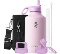 Coolflask Bouteille d'eau isotherme de 1,89 l avec paille et 3 couvercles, grande carafe à eau en acier inoxydable à large ouverture de 1,89 l pour le sport, la salle de sport ou le bureau, sans BPA