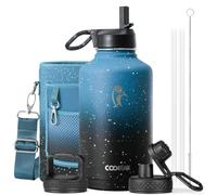Coolflask Bouteille d'eau isotherme de 1,9 l avec paille et 3 couvercles, carafe d'eau de 1,9 l en acier inoxydable pour salle de sport, sports et voyages, garde au froid 48 h et au chaud 24 h