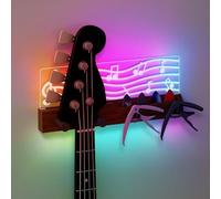 CoolGift Mart Support mural lumineux pour guitare, design notes de musique, support de médiator avec rangement pour capodastre de guitare, alimenté par USB, bois de qualité supérieure et acrylique