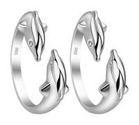 COOLHIYA Bague Ajustable D'anniversaire avec Deux Dauphins en Cuivre Argenté, Design Ouvert Chic et Résistante à L'usure Lot de 2 Pièces Usage Quotidien