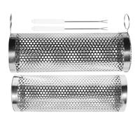 COOLHIYA Panier Roulant pour Barbecue, Panier à Griller Rond en Acier Inoxydable Argenté, Réglable, Crochet et Fourche, pour Barbecue Extérieur, Plage et Jardin