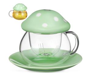COOLHIYA Transparent Tea Mug With Mushroom Lid Removable Strainer Glass Tea Cup With Ceramic Coaster Milk At Home Office
