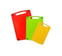 Coolinato Lot de 3 planches à découper en plastique, différentes tailles, antibactériennes avec rainure à jus, 3 couleurs pour une séparation hygiénique des aliments