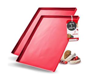 Coolinato - Set de 2 tapis de cuisson silicone platine avec rebord rouge - Plaque pour le four 36,5x27x1cm avec protection anti-débordement résistant jusqu'à 230°C & antiadhésif incl. 4 recettes