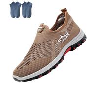 Cooling Comfort Sneaker, Summer Breathable Mesh Slip-on Walking Shoes for Man with Soft Anti-Slip Sole (Khaki,44)