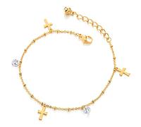 COOLSTEELANDBEYOND Acier Couleur d'or Femme Bracelets de Cheville avec Charms Croix, Zircone Cubique et Grelot