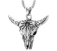 COOLSTEELANDBEYOND Collier Crâne de Taureau, Pendentif Cowboy Occidental avec Cornes Gravées, Bijou Rustique en Acier