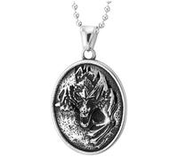 COOLSTEELANDBEYOND Collier Loup Hurlant pour Homme, Pendentif Ovale en Acier avec Loup en 3D, Bijou Animal Gothique
