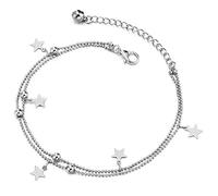 COOLSTEELANDBEYOND Femme Deux Rangs Bracelets de Cheville avec Perle, Pendantes Charms de Etoile et Grelot - Réglable