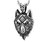 COOLSTEELANDBEYOND Homme Acier Inoxydable Norrois Viking Amulette Fenrir Loup Vintage Tête de Loup Pendentif Collier - avec 75CM Chaîne
