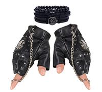 Coolwife Gants gothiques steampunk pour homme en cuir Geuuine mitaines de motard, Bague noire + bracelet arbre, taille unique