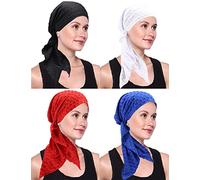 Coolwife Turbans pour femmes chimio cancer couverture cheveux pré-noué chapeaux sommeil écharpe bandeau, Lot de 4 : noir, blanc, rouge, bleu, Taille unique