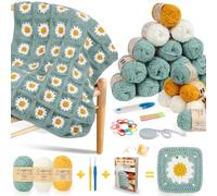 Coopay Granny Square Kit de Crochet pour Débutant et Pro, Crochet Kit pour Couverture à Marguerites, avec 2 Crochets, 22 Pelotes de Laine à Crocheter, Instruction en Français & Vidéo Étape par Étape