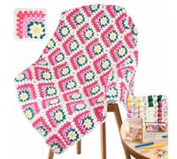 Coopay Granny Square Kit de crochet pour débutants, couverture 3D avec | Kit de crochet rose pour couverture marguerite 3D, kit complet de crochet avec instructions vidéo étape par étape (français