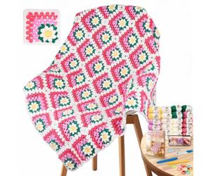 Coopay Granny Square Kit de crochet pour débutants, couverture 3D avec | Kit de crochet rose pour couverture marguerite 3D, kit complet de crochet avec instructions vidéo étape par étape (français