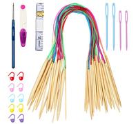 Coopay Lot de 18 aiguilles à tricoter circulaires en bambou - 60 cm - Double pointe - Avec accessoires de tricot et crochets - Pour débutants et professionnels - De 2 mm à 10 mm
